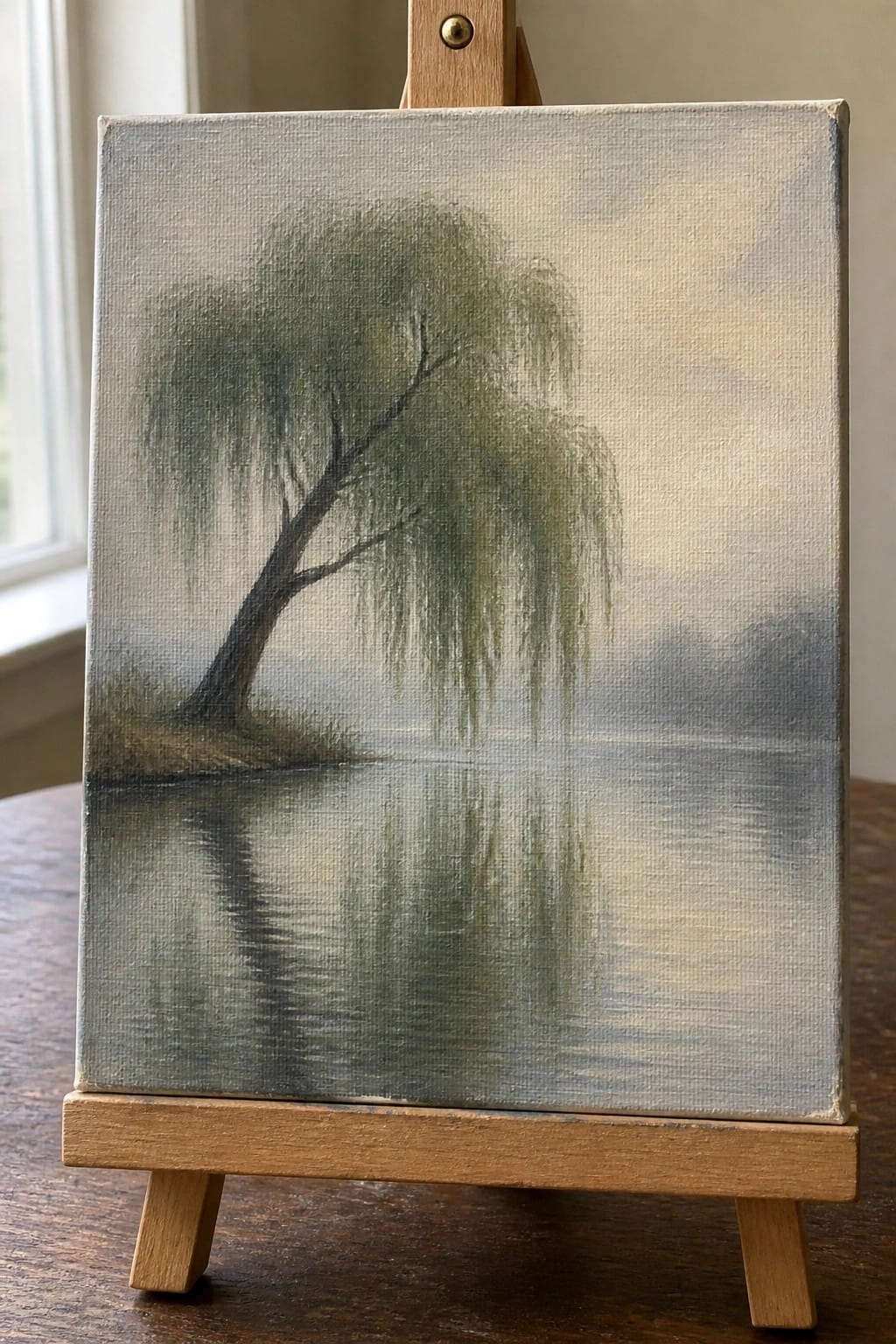 Painting on easel of weeping willow tree reflected in misty water.