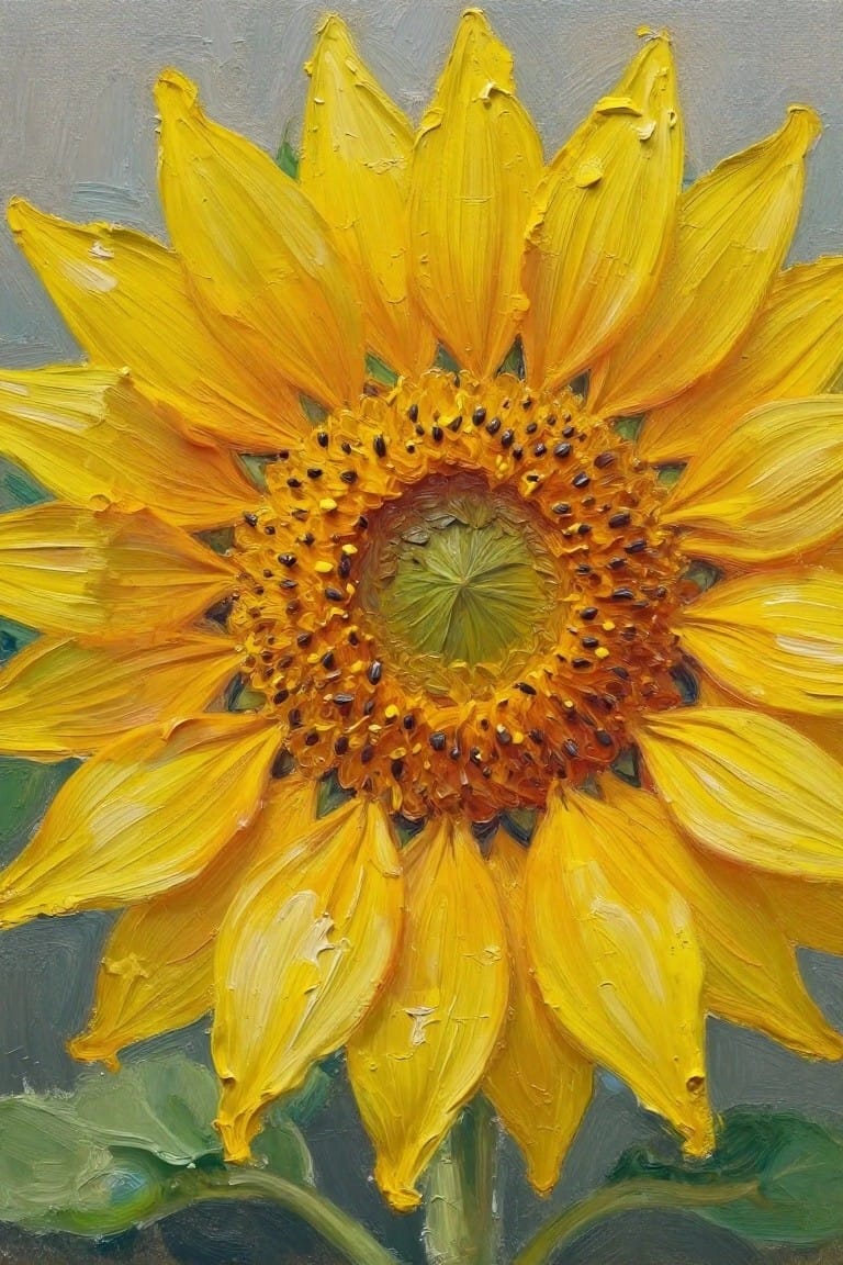 Thickly painted yellow sunflower with textured petals and detailed seed center
