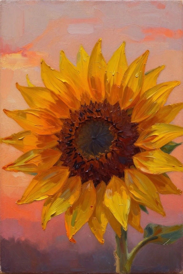 Thickly textured oil painting of a yellow sunflower against a pastel sunset sky.
