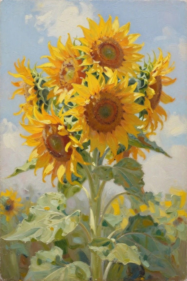 Vibrant yellow sunflowers with green leaves on stems against a blue sky painting