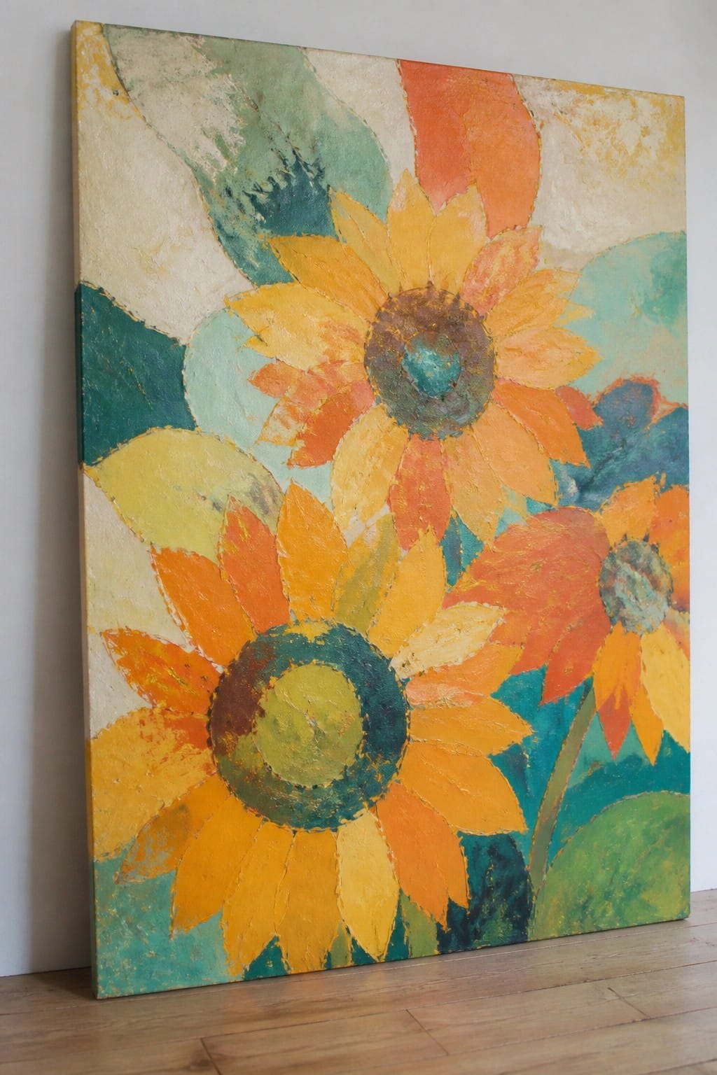 Vibrant textured painting of sunflowers with yellow, orange, and teal petals on canvas