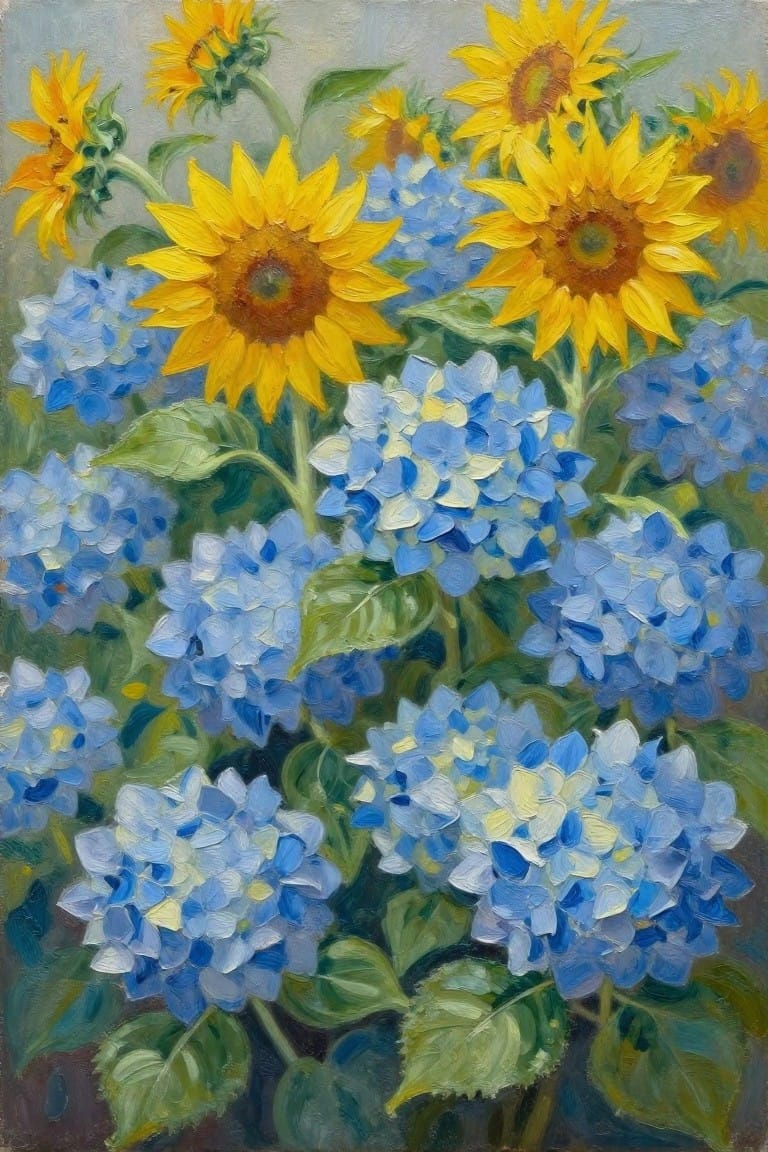 Vibrant yellow sunflowers amid blue hydrangeas with green leaves in oil painting