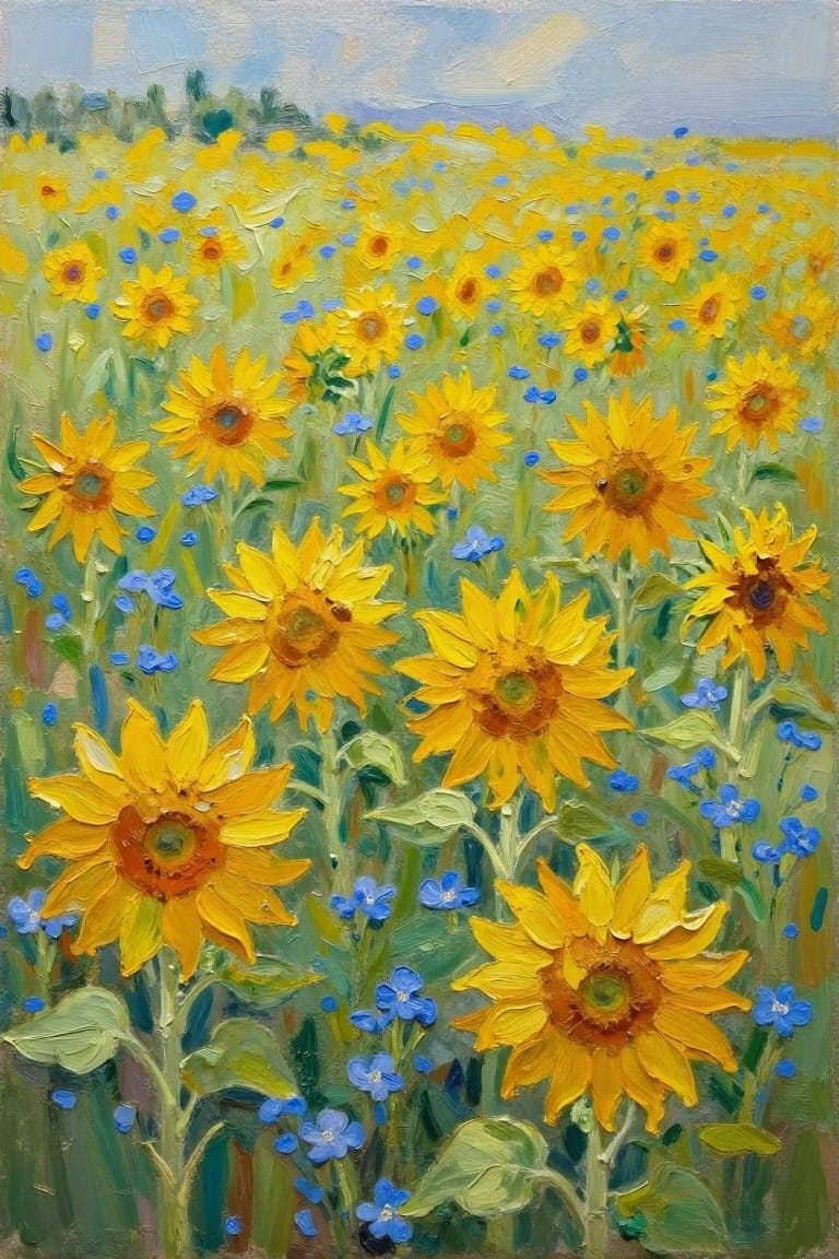 Vibrant oil painting of yellow sunflowers blooming amid blue wildflowers in a green field