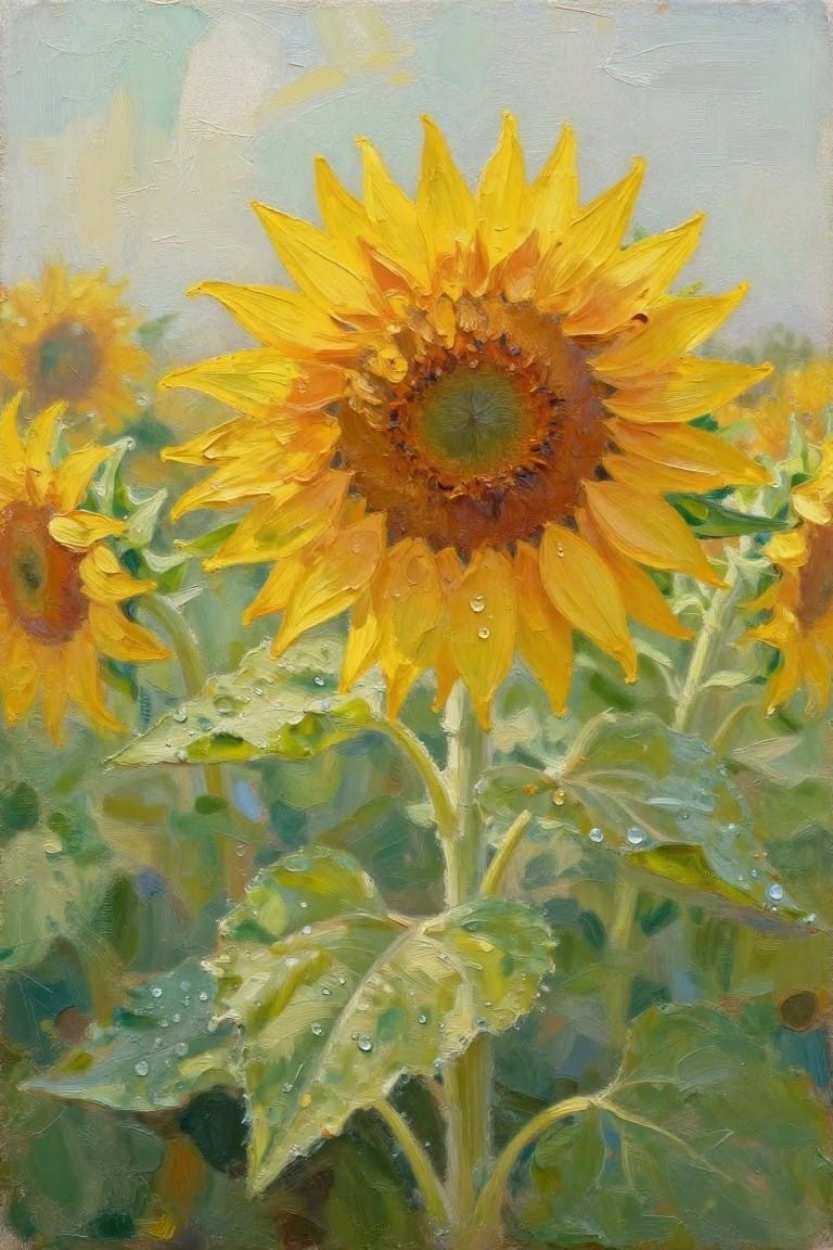 Vibrant sunflower with yellow petals and dew drops amid green leaves in a field.