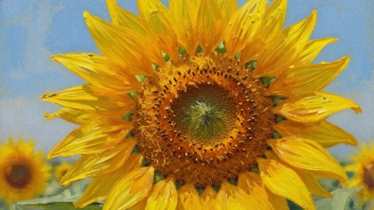 Thickly painted yellow sunflower with orange seeded center against blue sky background
