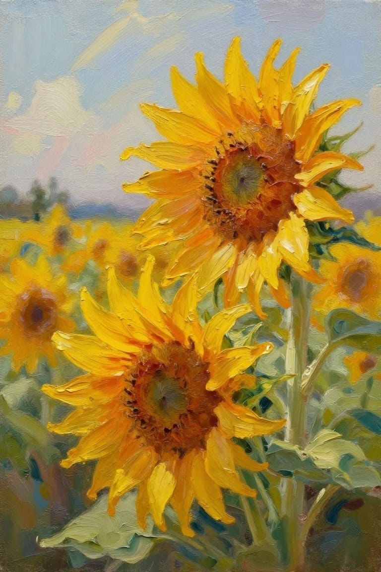 Impressionistic oil painting of vibrant yellow sunflowers under a blue sky