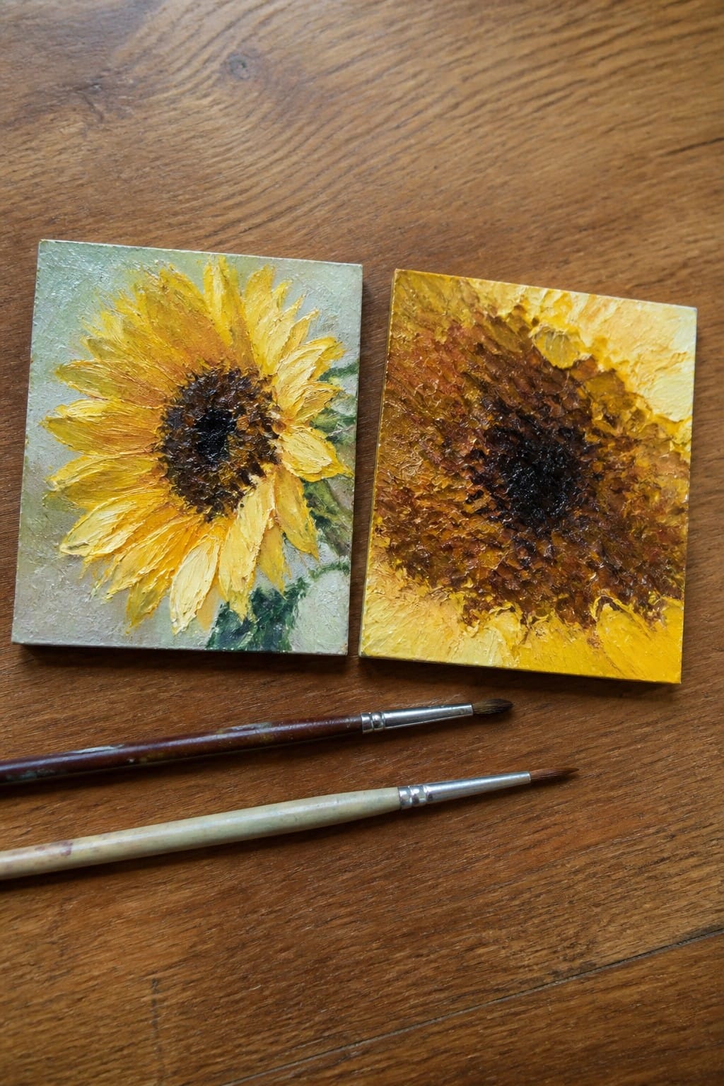 Two small square oil paintings of sunflowers rest on a wooden table beside two paintbrushes, one version with soft detail and the other with thick textured paint.
