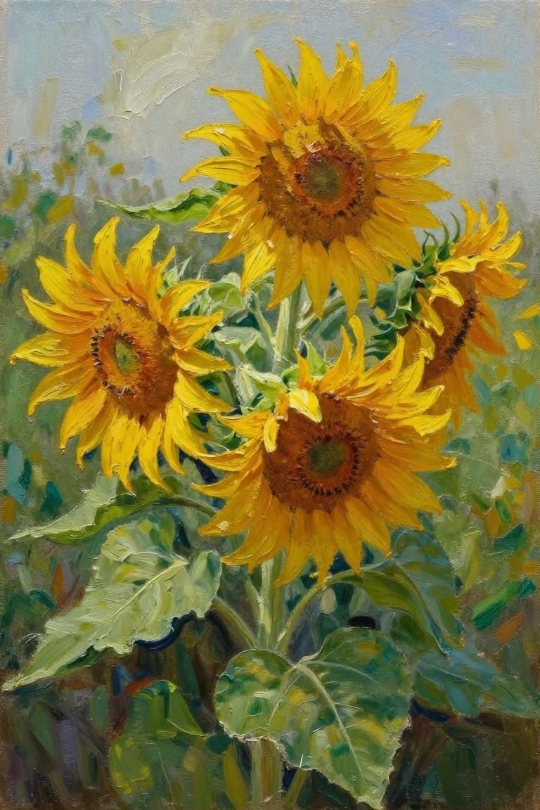 Bright yellow sunflowers with green leaves in an oil painting style