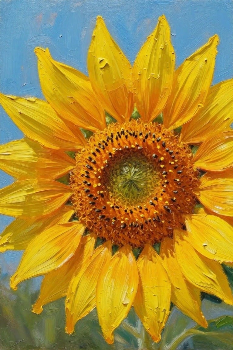 Thickly painted yellow sunflower with orange seeded center against blue sky background