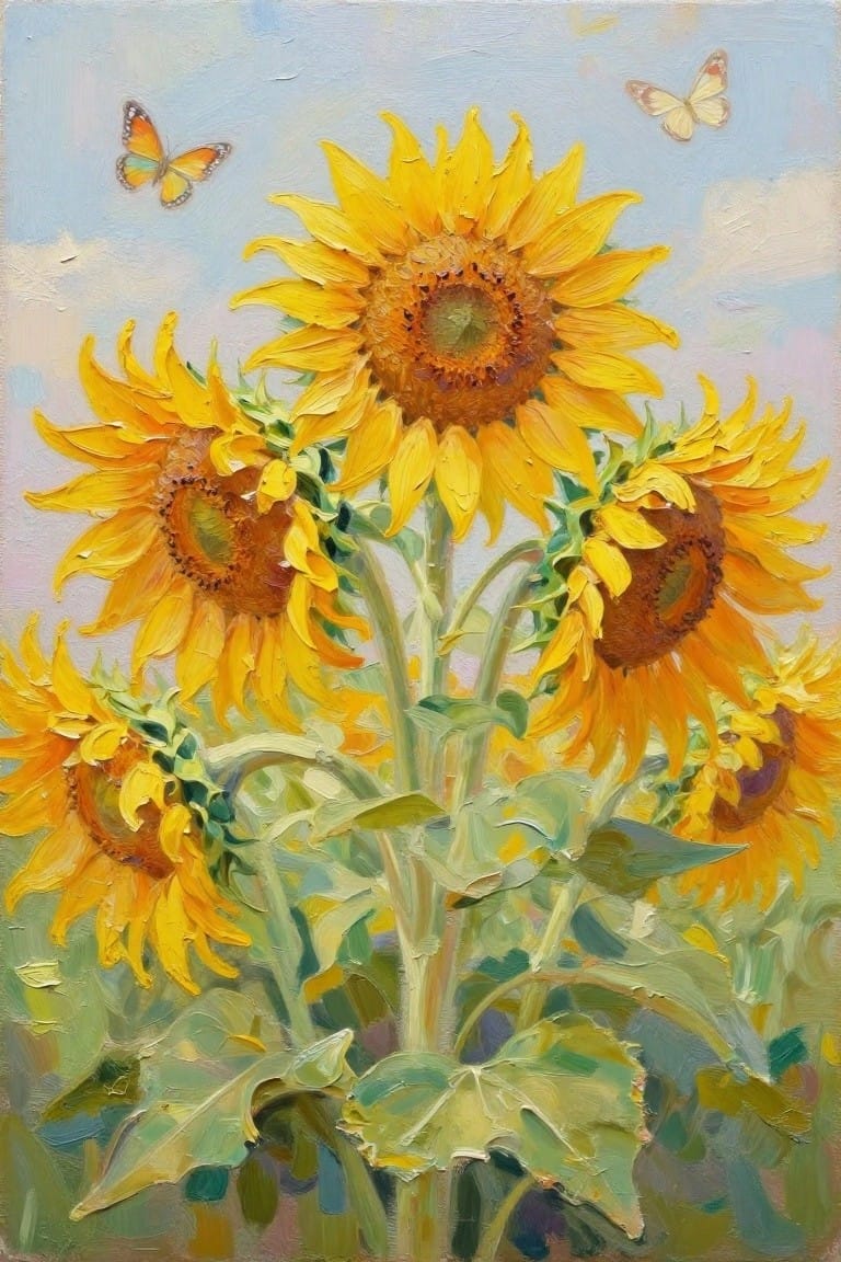 Vivid yellow sunflowers with green leaves and orange butterflies against a blue sky