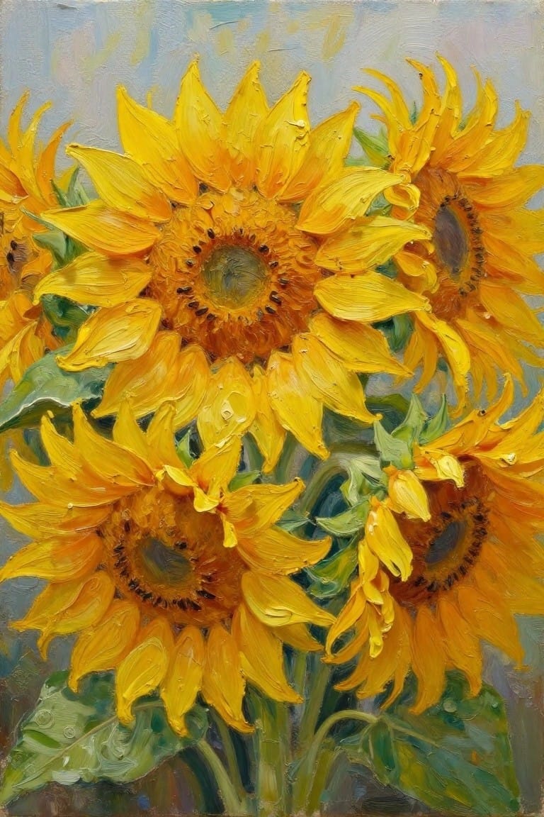 Thickly textured yellow sunflowers with green leaves in vibrant oil painting