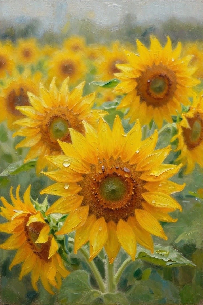 Yellow sunflowers glistening with dew drops in a lush green field, oil painting.