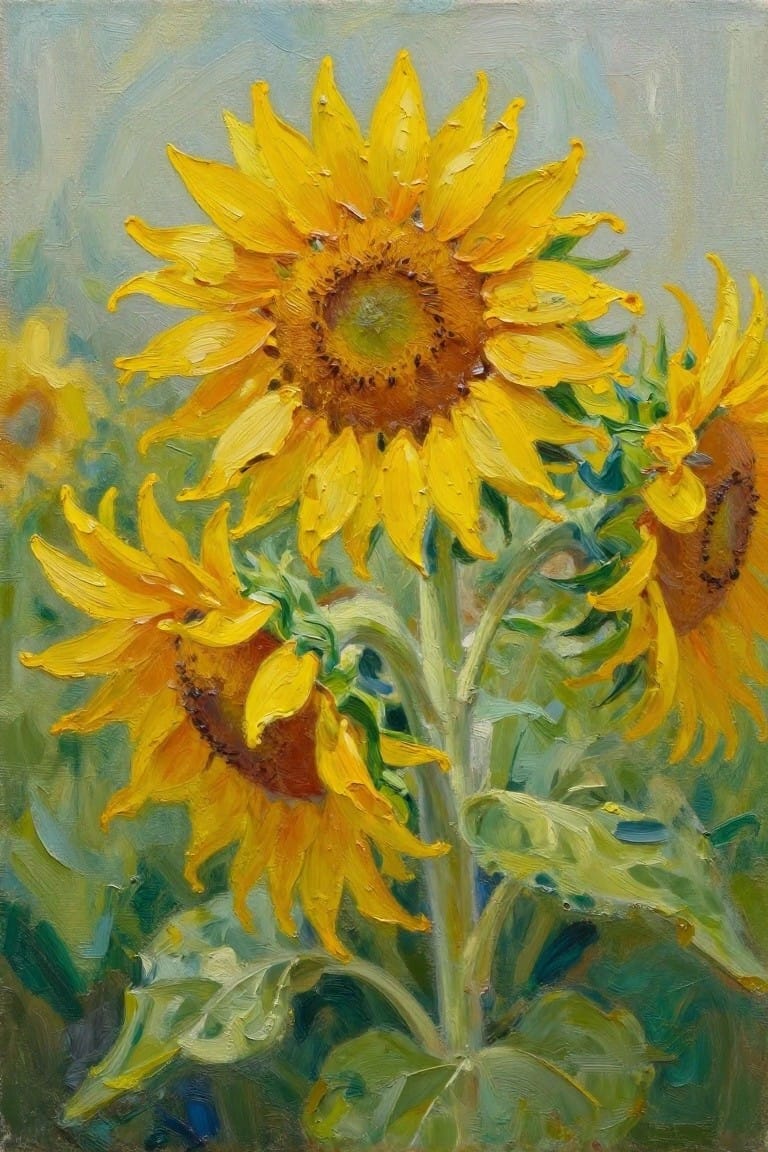 Vibrant yellow sunflowers with thick petals and green leaves in oil painting style
