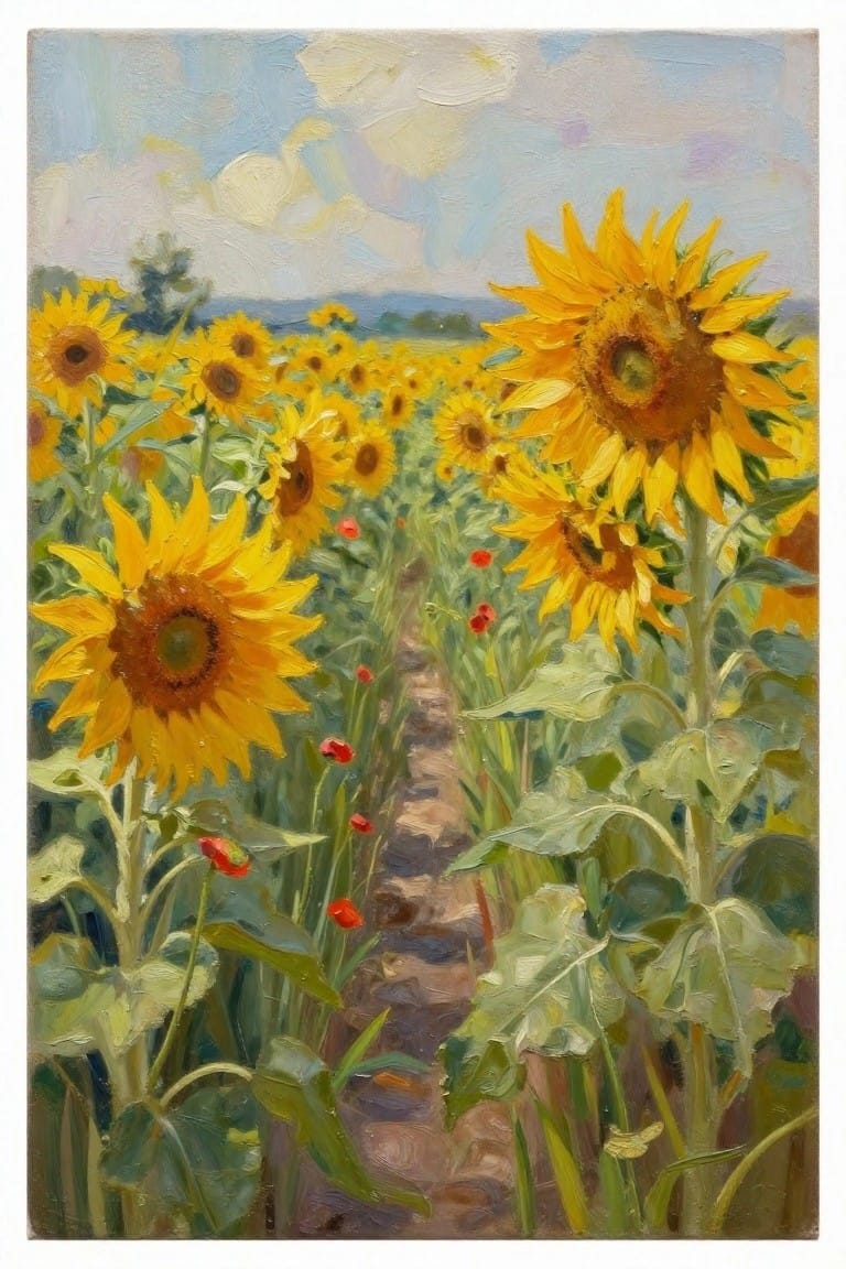 Sunflower field with yellow blooms, red poppies, and a winding dirt path.