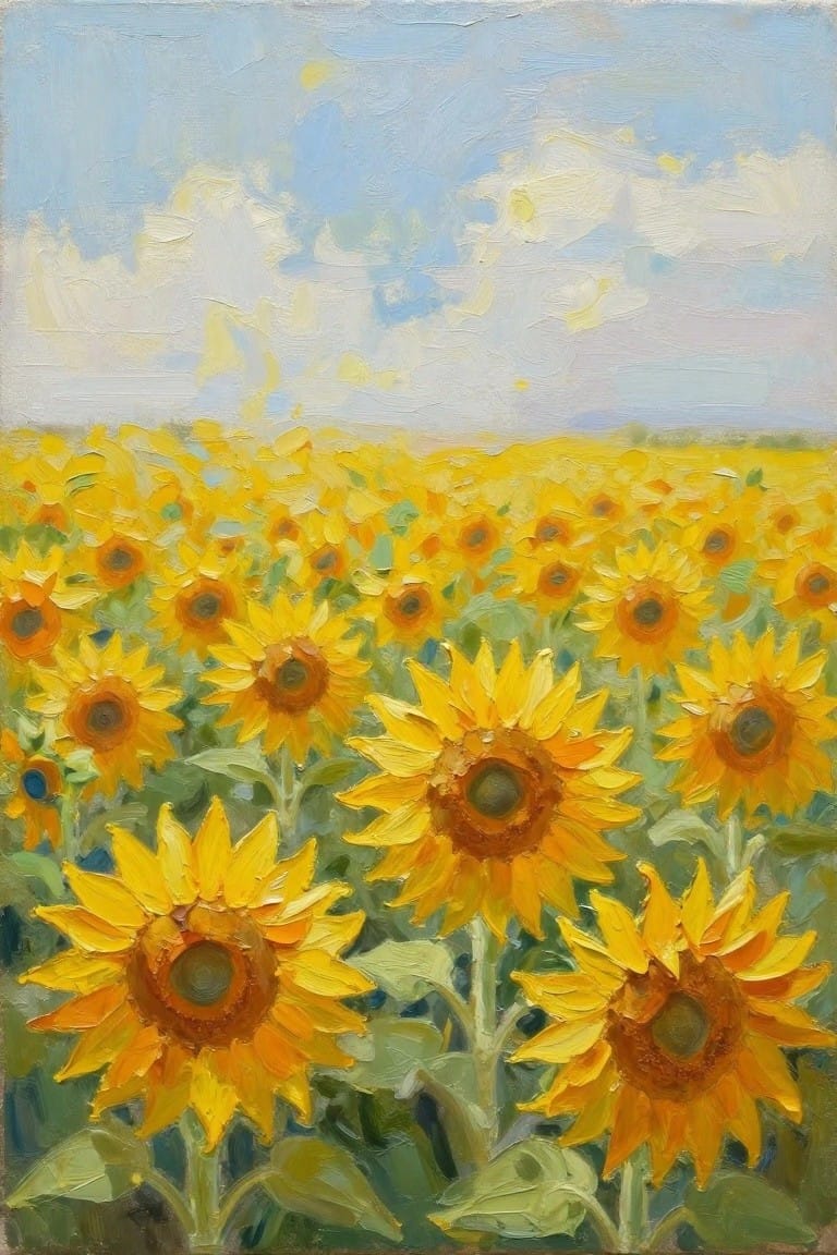 Vast field of blooming yellow sunflowers beneath a bright blue sky with clouds