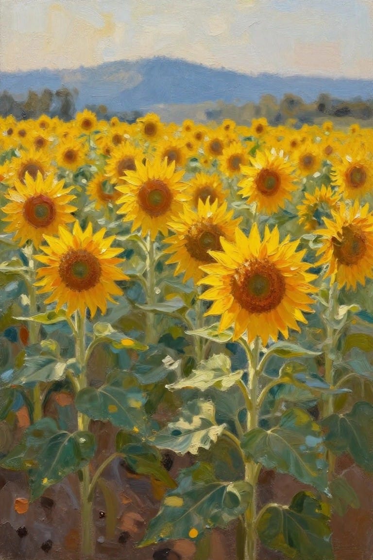An oil painting of a sunflower field with yellow blooms in the foreground and blue hills in the background.