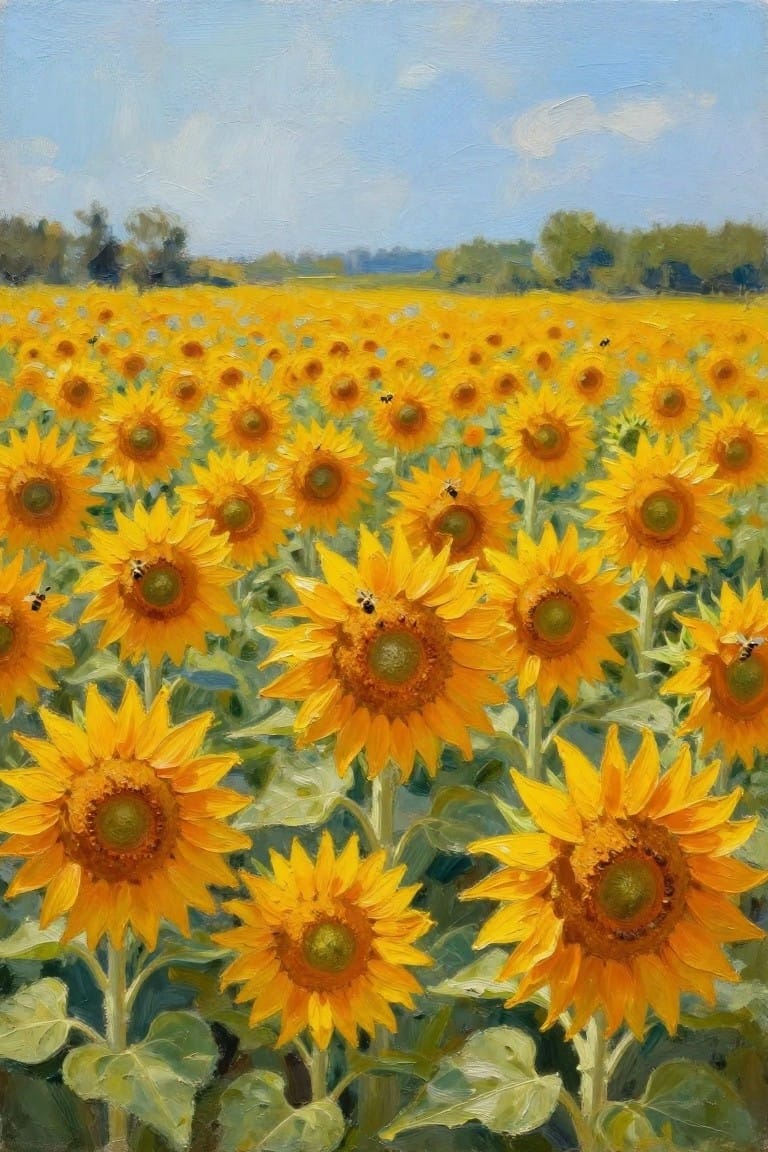 Oil painting of vast yellow sunflower field with bees under blue sky.