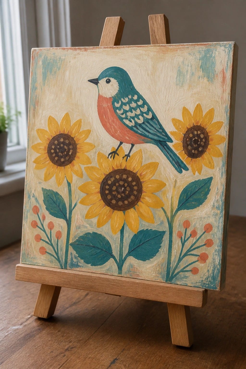 Folk art painting of teal bird on sunflowers with berries on wooden easel