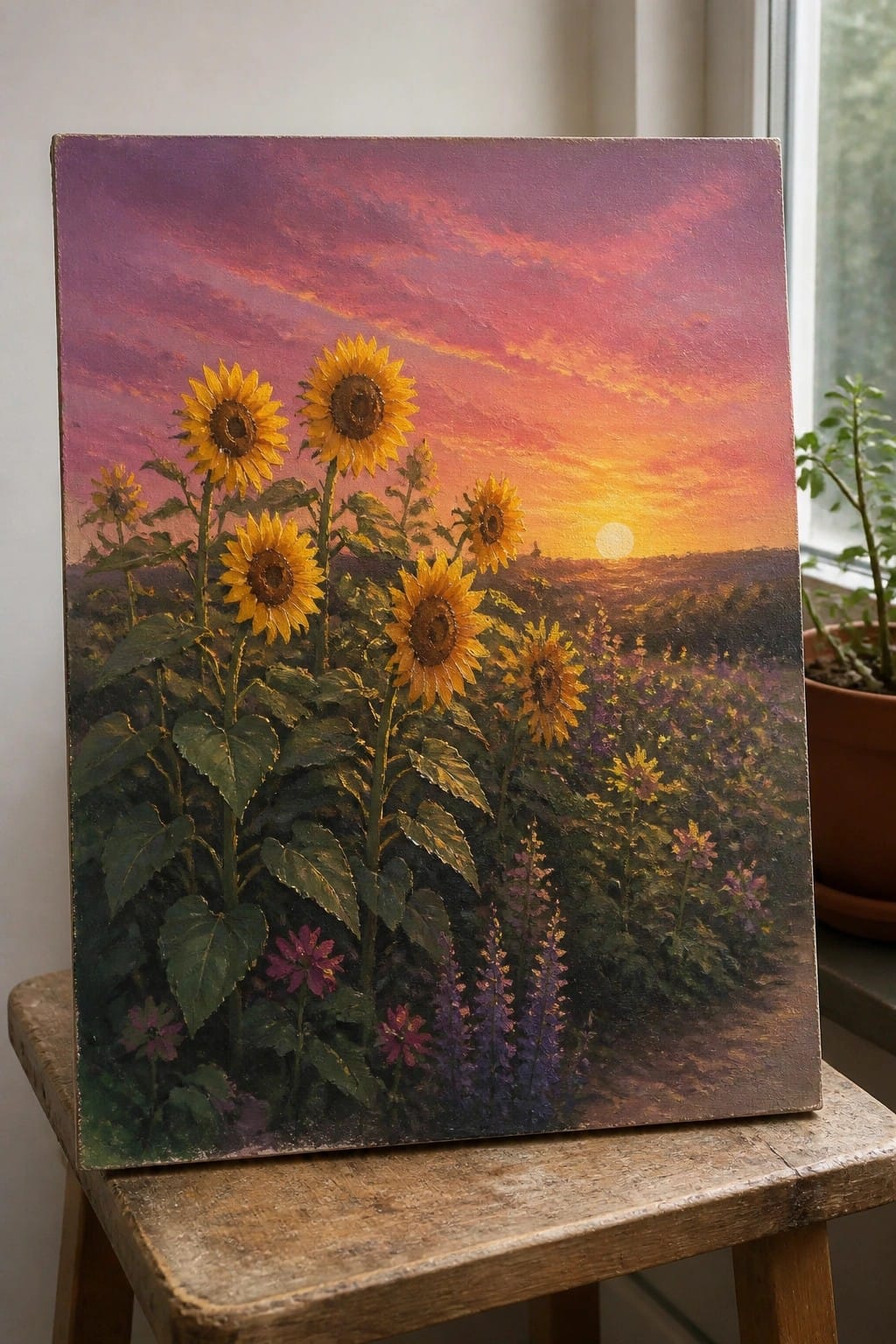 Sunflowers painting with vibrant sunset sky propped on wooden stool by window