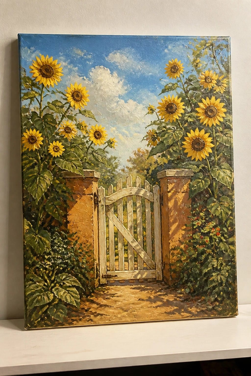 Open white gate between brick pillars amid tall sunflowers under blue sky