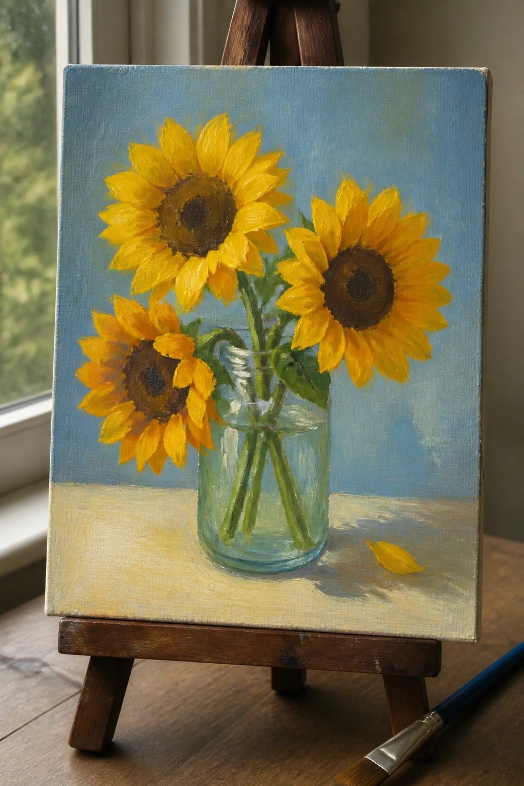 Three sunflowers in glass jar on wooden easel beside paintbrush.