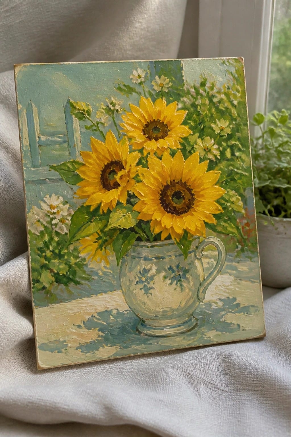 Oil painting of three yellow sunflowers in blue-patterned pitcher with white daisies.