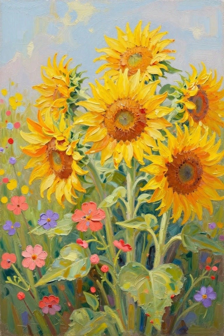 Vibrant yellow sunflowers amid colorful wildflowers in an impressionistic field painting