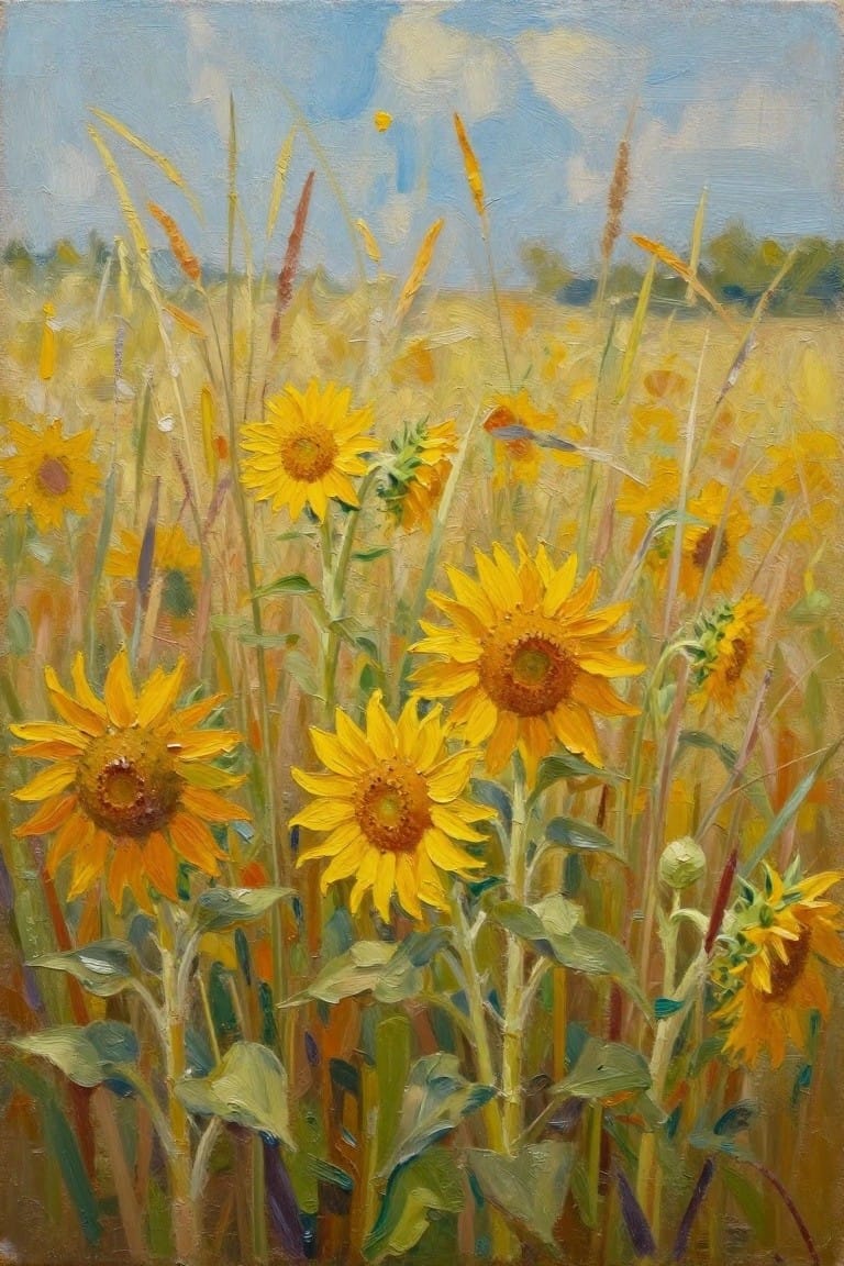 Vibrant yellow sunflowers bloom in a golden field beneath a blue cloudy sky