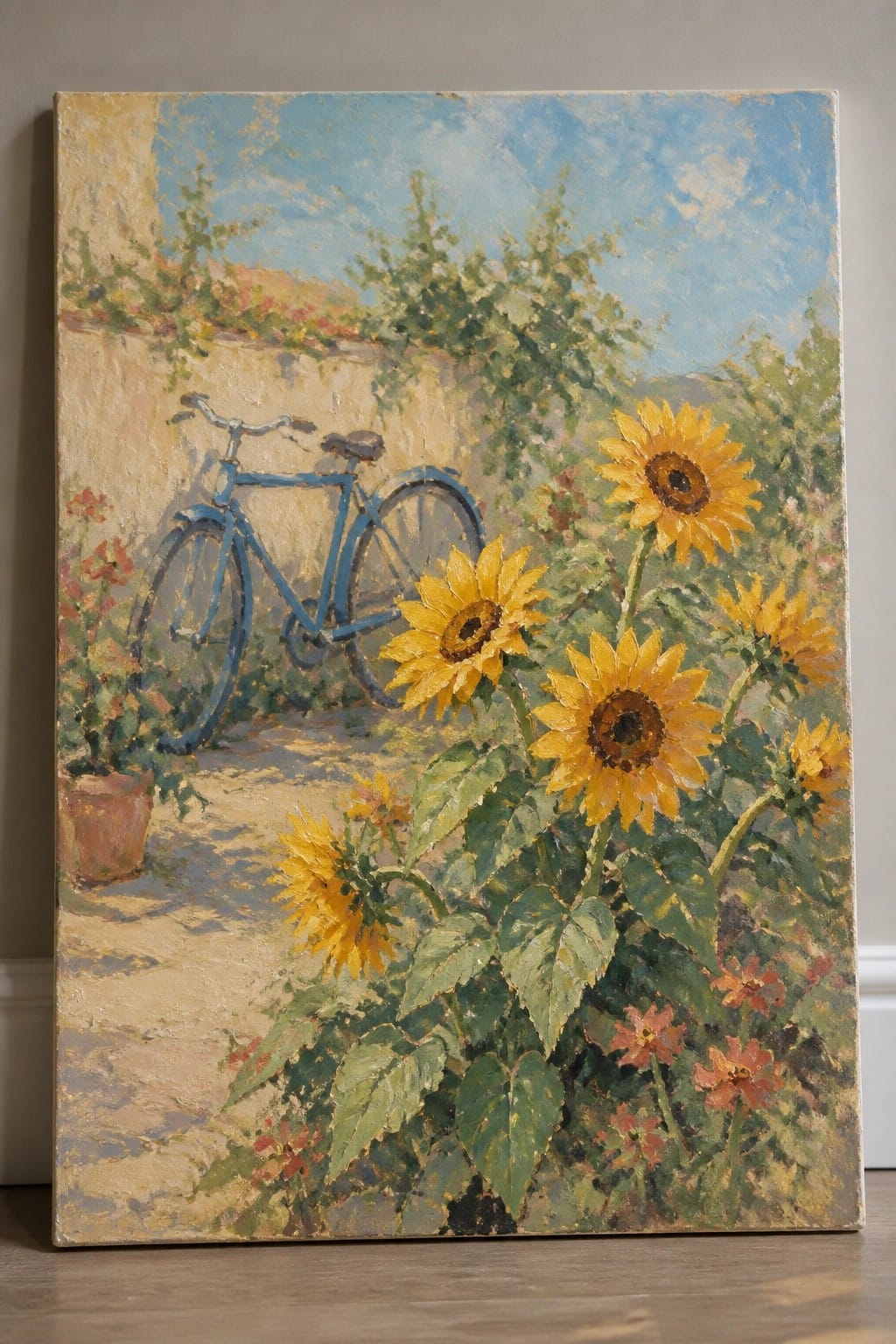 Impressionist painting of yellow sunflowers beside a blue bicycle against a wall.