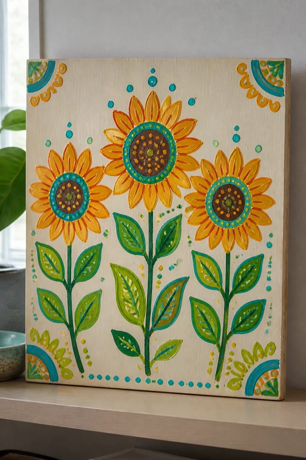 Three vibrant yellow sunflowers with green leaves on a light wooden canvas with colorful borders.