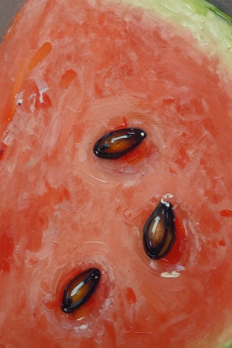 Oil painting close-up of red watermelon flesh with three black seeds