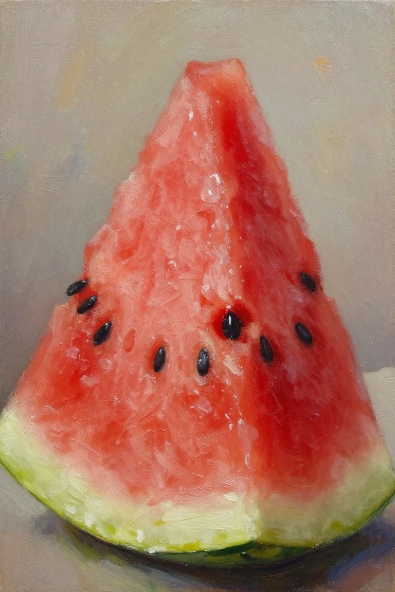 Oil painting of watermelon slice with red flesh, black seeds, and green rind.
