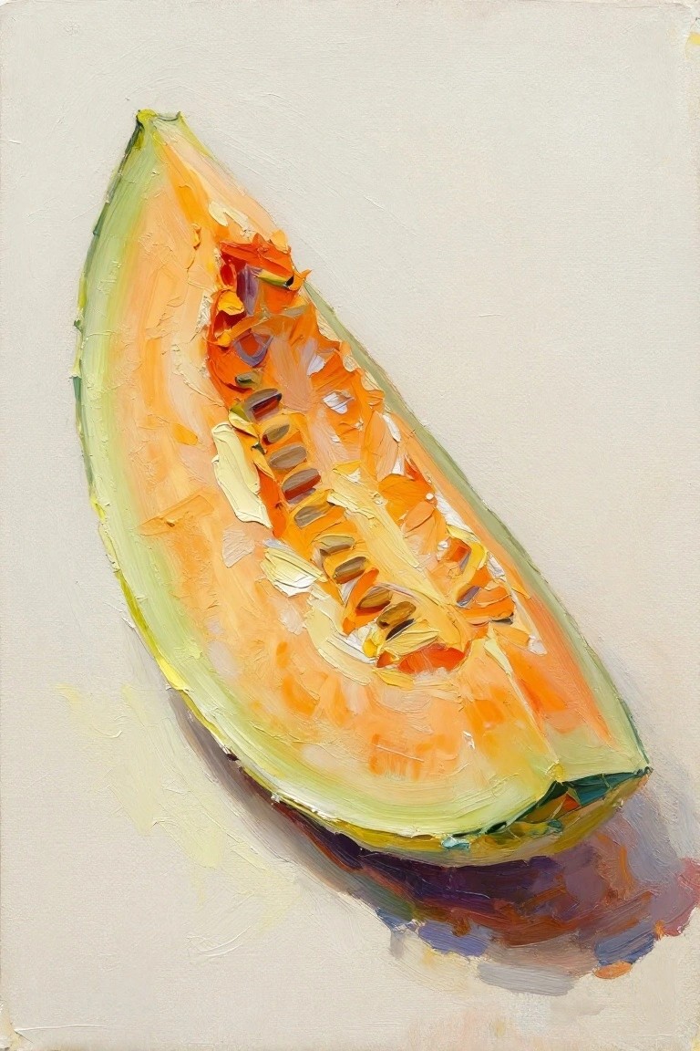 Oil painting of cantaloupe slice with textured orange flesh and seeds.