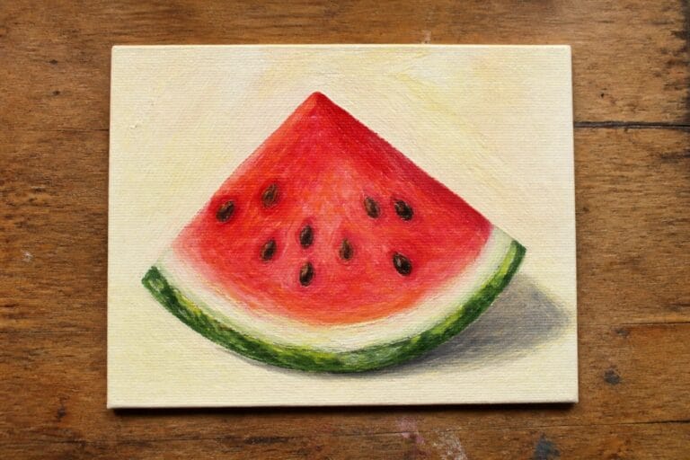 Realistic painting of watermelon slice with red flesh, black seeds, green rind on canvas.
