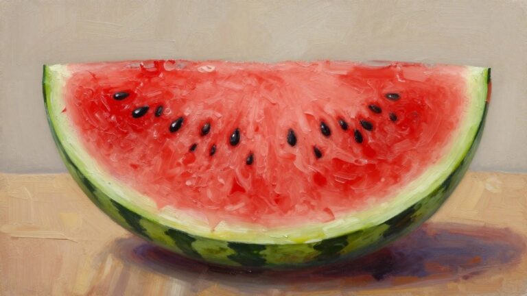 19 Fresh Watermelon Oil Painting Ideas for Cheerful Summer Artwork Oil painting of whole green watermelon and two red slices with black seeds