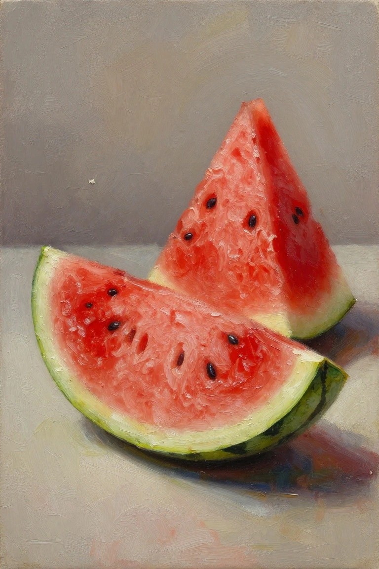Two watermelon slices with red flesh, black seeds, and green rind in oil painting style