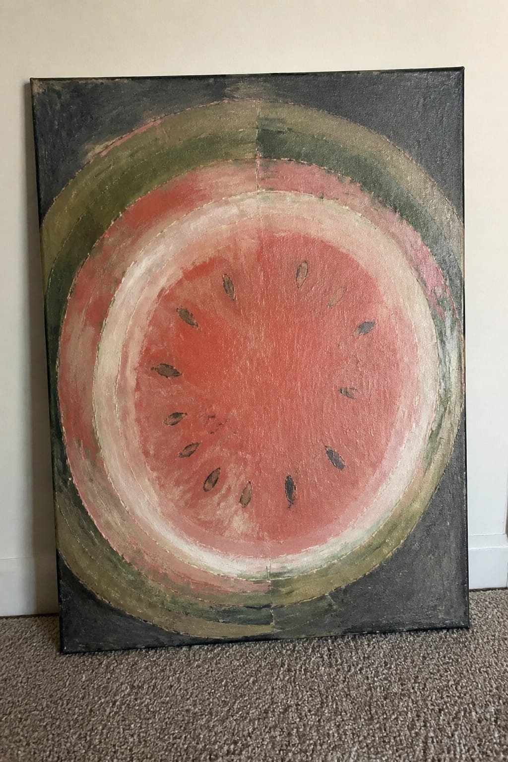 Abstract abstract watermelon painting with pink flesh, green rind, black seeds on canvas