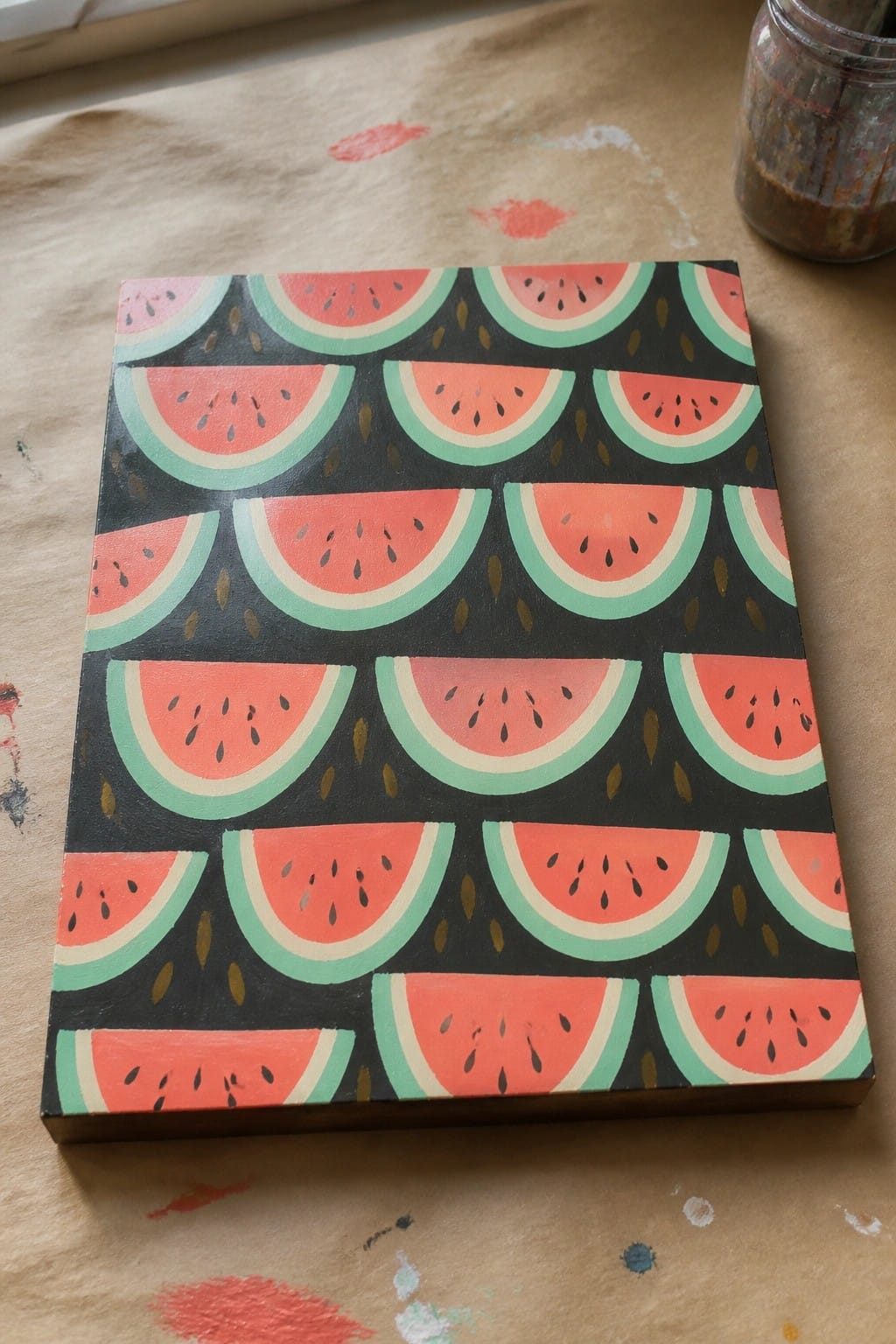 Vibrant pink watermelon slices with green rinds on black painted canvas