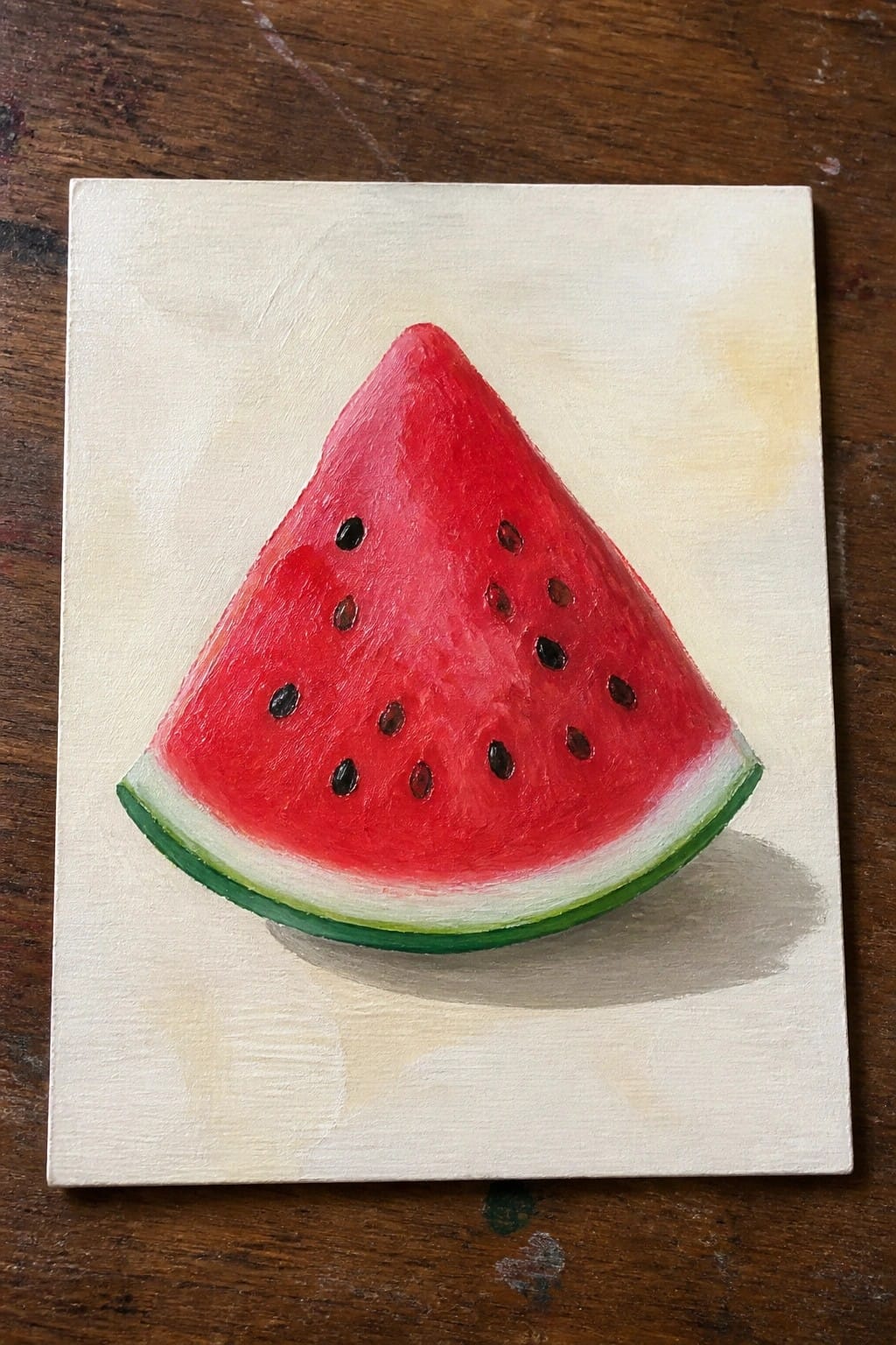 Realistic painting of watermelon slice with red flesh, black seeds, green rind on canvas.