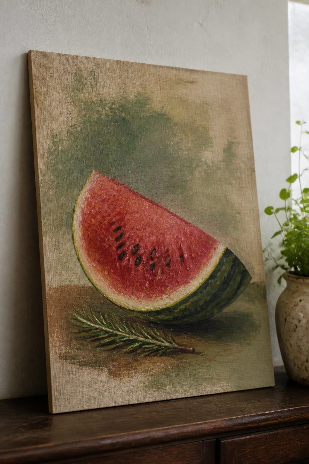 Painting of watermelon slice with black seeds and pine sprig on canvas
