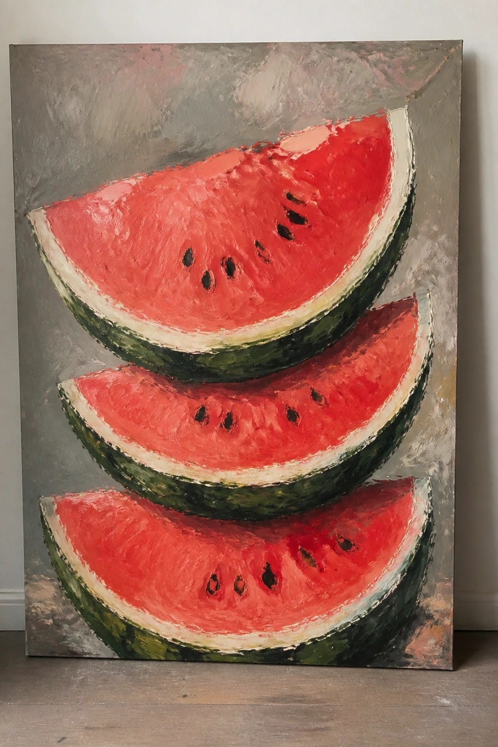Thickly textured painting of three stacked watermelon slices on gray background