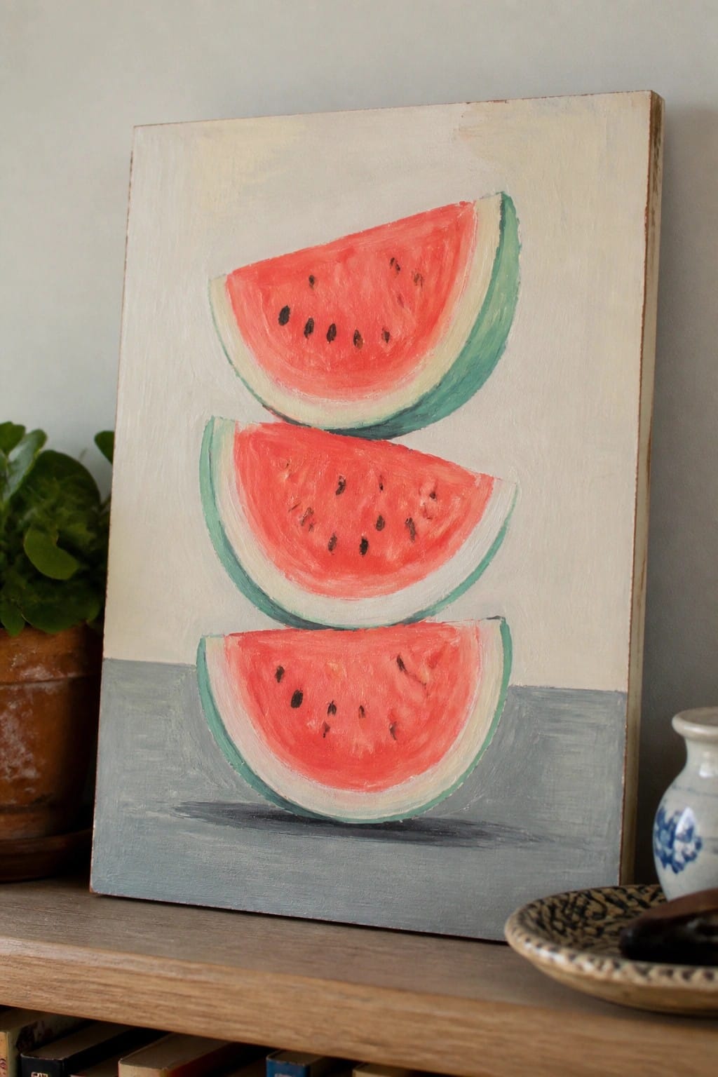 Three stacked watermelon slices in a minimalist still life painting on canvas