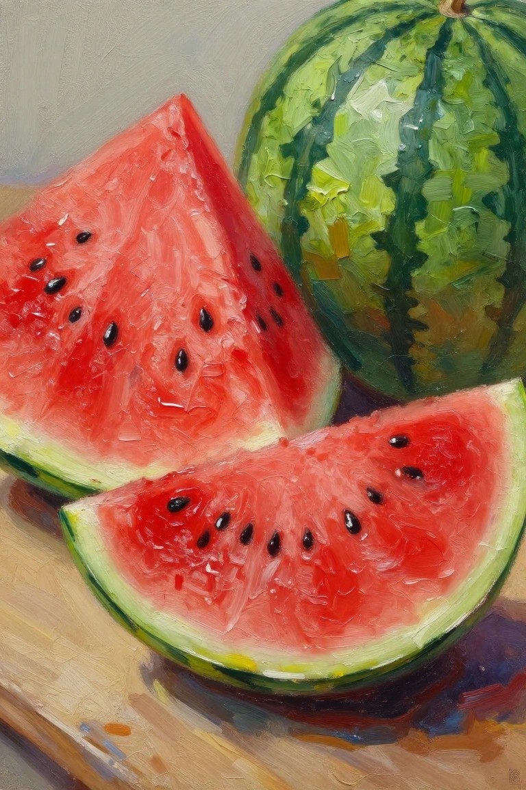 Oil painting of whole green watermelon and two red slices with black seeds