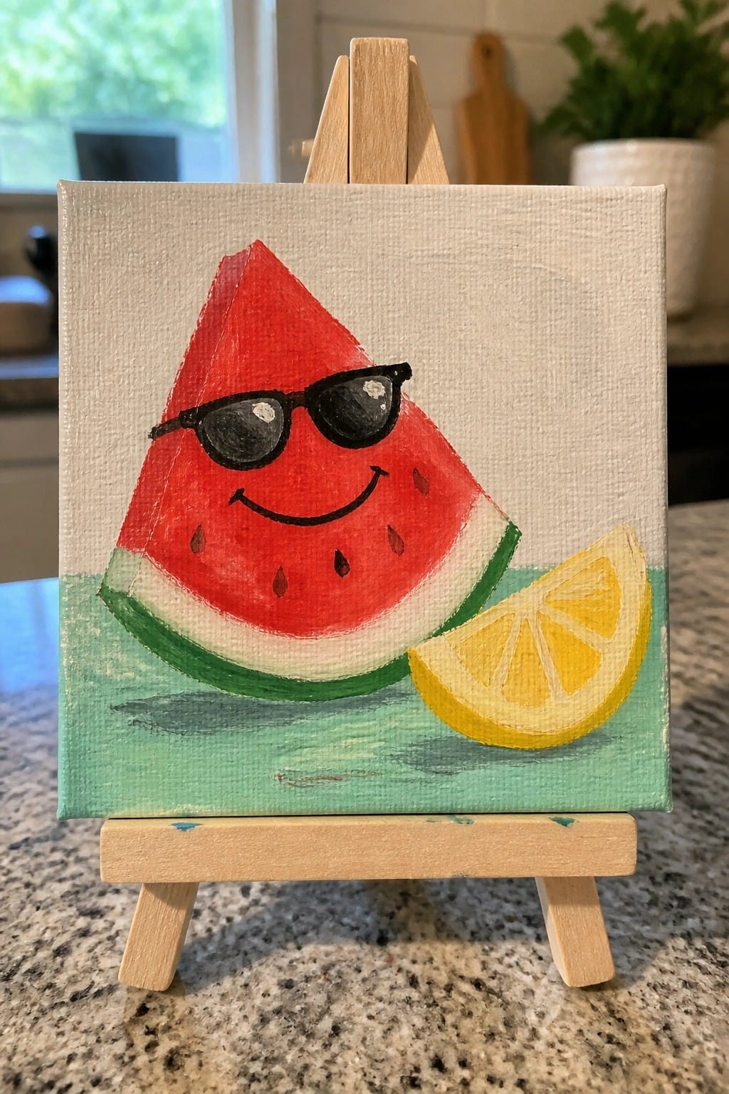 Smiling watermelon slice wearing sunglasses beside lemon wedge on miniature easel