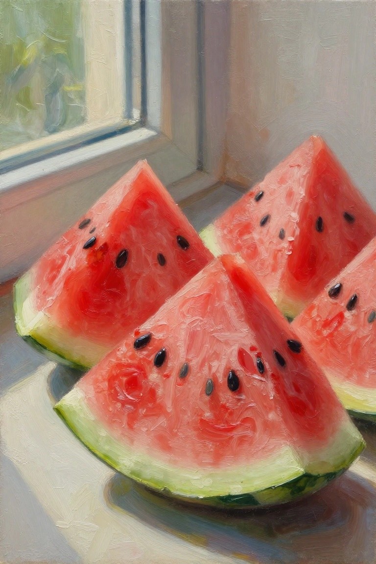 Realistic oil painting of red watermelon slices with seeds on a windowsill