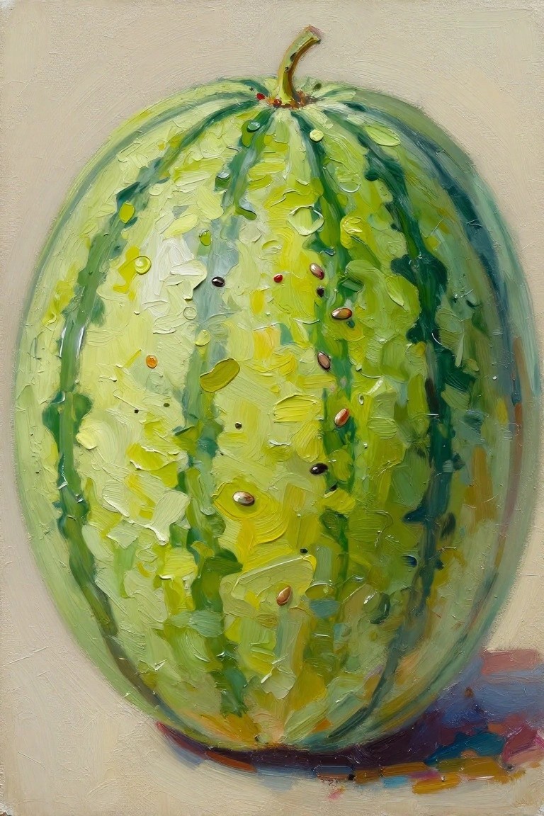 An oil painting of a whole watermelon with green rind, lighter flesh, scattered seeds, and water droplets against a light background.