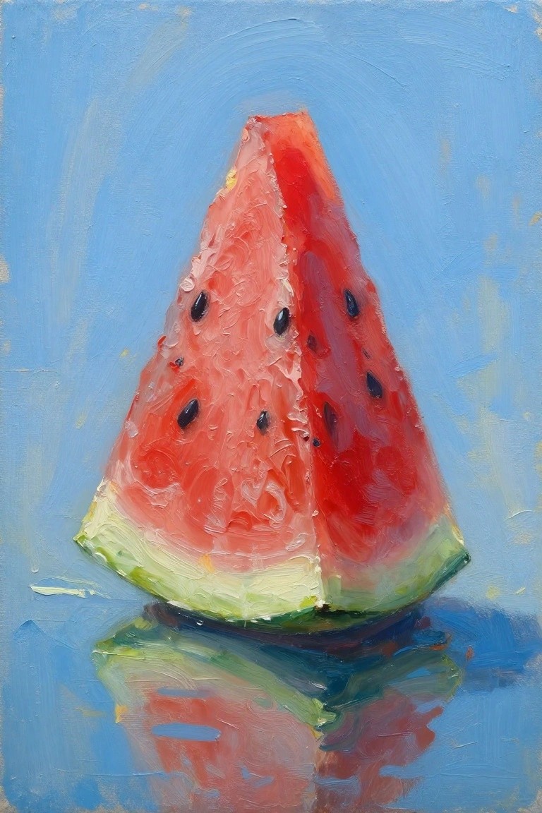Textured painting of watermelon slice with red flesh, black seeds, green rind, and reflection.