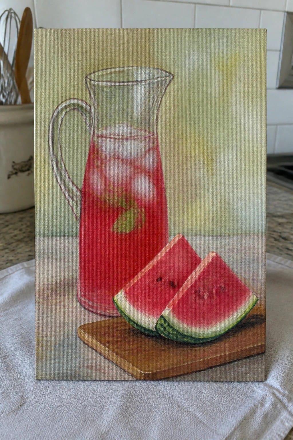 Painting of glass pitcher with red drink, ice and mint beside watermelon slices on board.