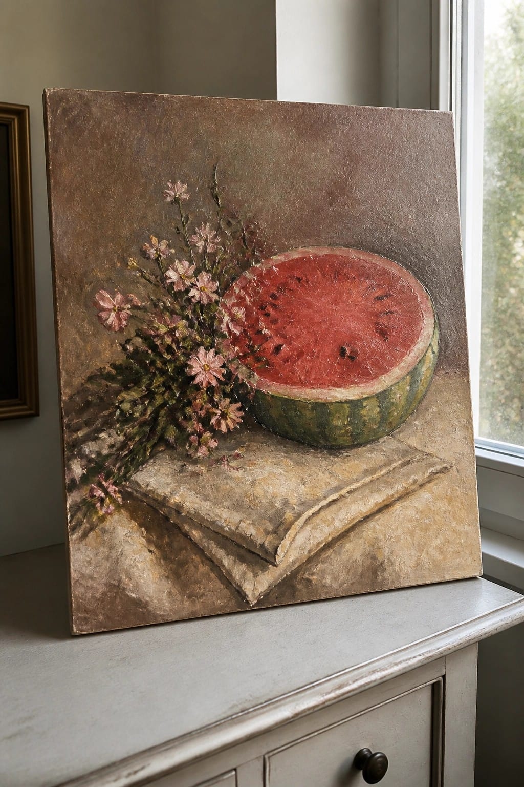 Oil painting of sliced watermelon and pink flowers on draped cloth by window