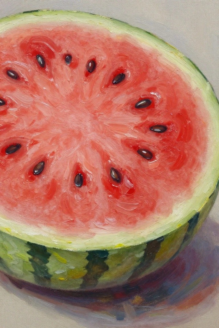 Oil painting of halved watermelon with vibrant red flesh, black seeds, and green rind
